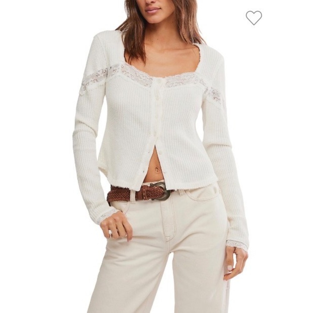 Free People Let's Party Cardi Clean Ivory Waffle Knit Lace Trim Henley Top Med